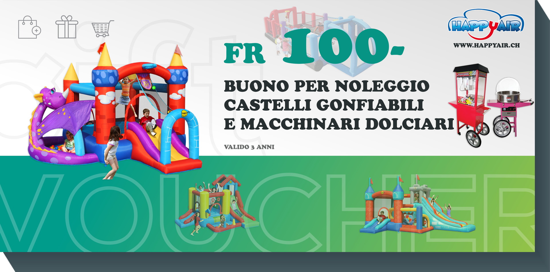 Buono sconto noleggio gonfiabili e macchinari dolciari fr. 100.- Valido 3 anni dalla data di acquisto.